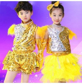 Yellow gold sequined girls boys performance school play modern dance stage jazz dance costumes outfits